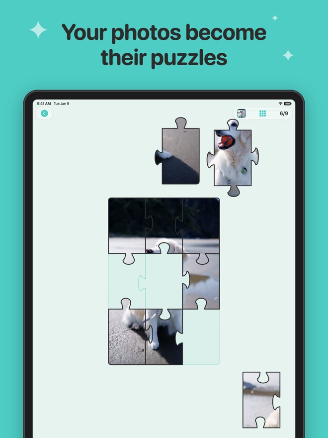 Your photos become their puzzles: a jigsaw made from a photo of the family dog, six of nine pieces in place.