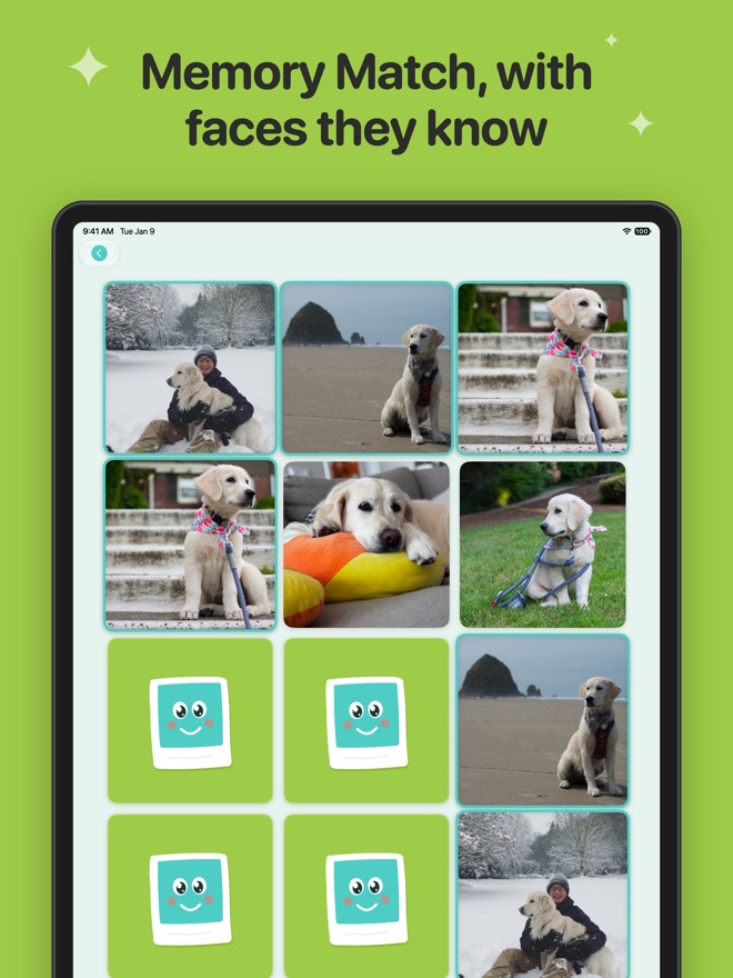 Memory Match, with faces they know: a grid of cards, some turned over to show family photos.