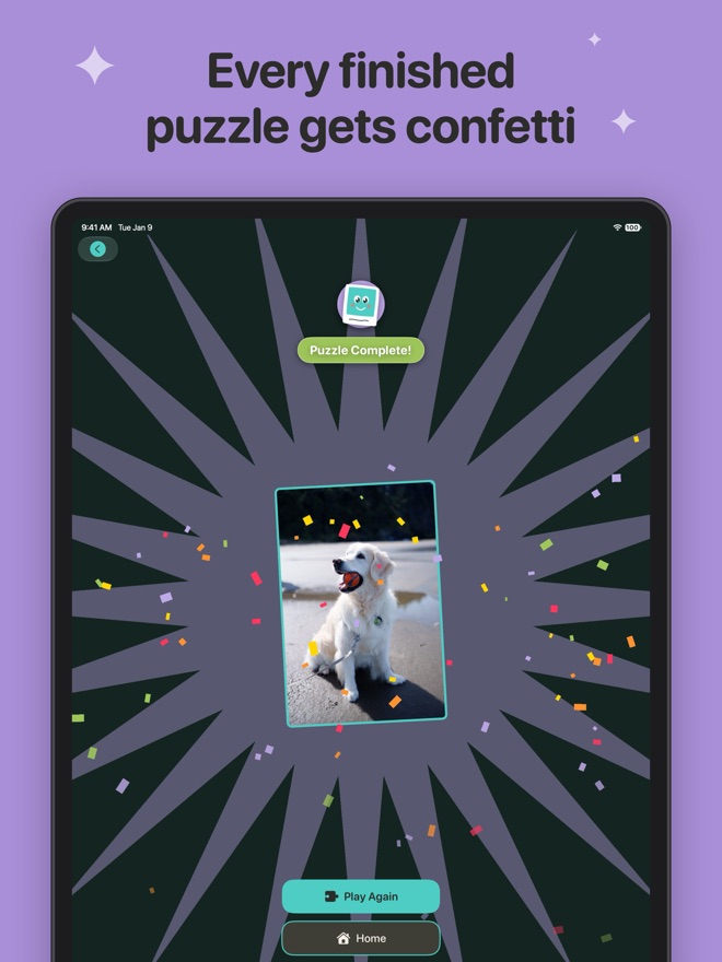 Every finished puzzle gets confetti: the finished photo under a burst of confetti.